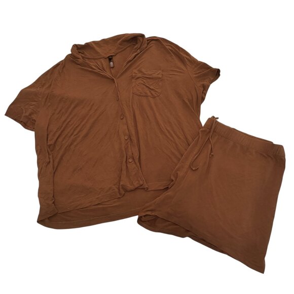 SKIMS Short Sleeve Button Up Top and Drawstring Shorts Set in Copper Women's 3XL - Picture 2 of 8